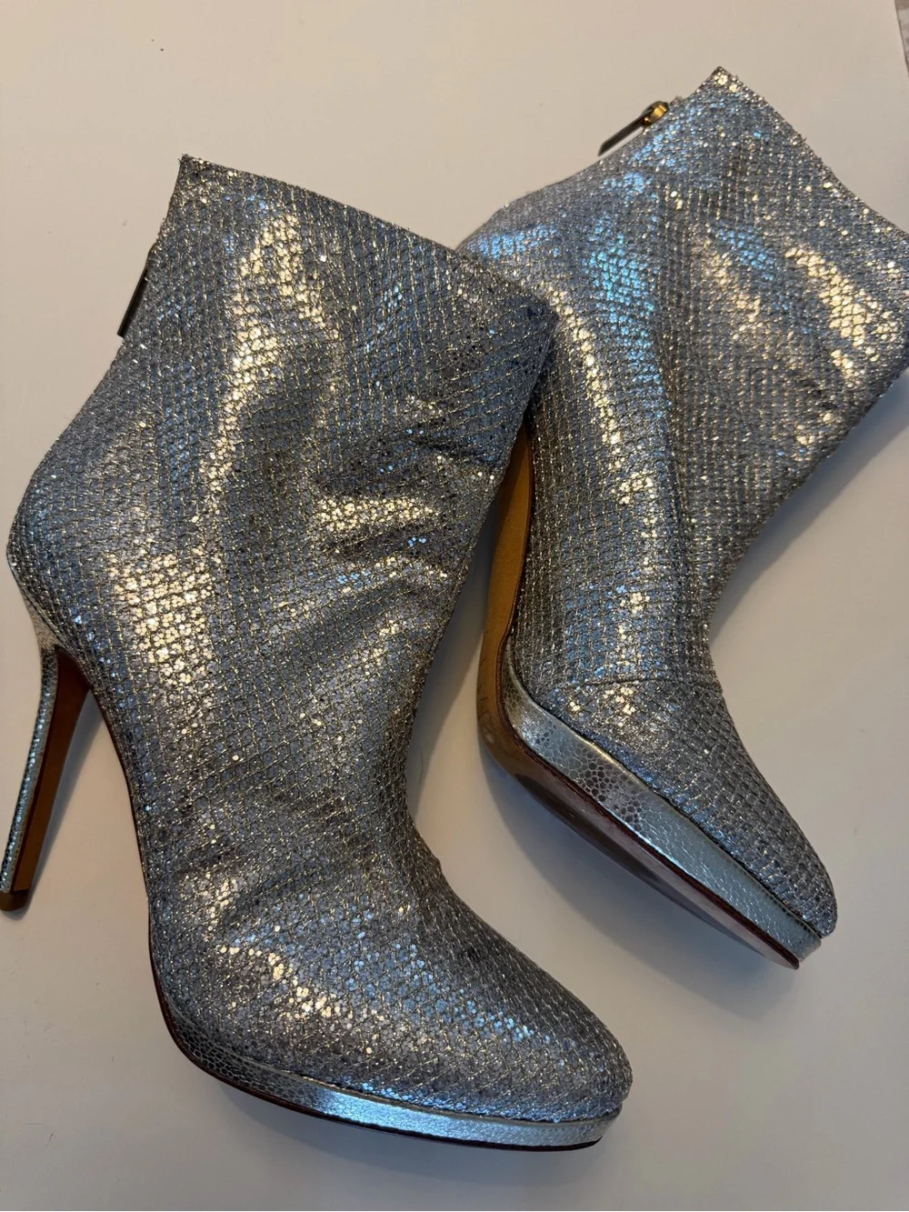 Jimmy Choo Silver Sparkle Pointed-Toe Ankle Booties